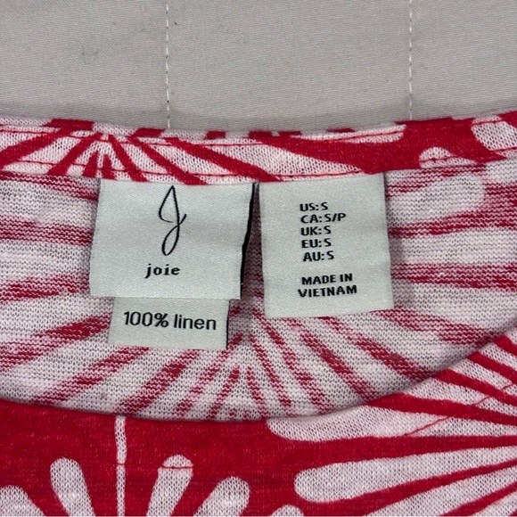 Joie 100% Linen Short Sleeve Tee Tropical Leaves Women’s Small Red Cream - Picture 4 of 7